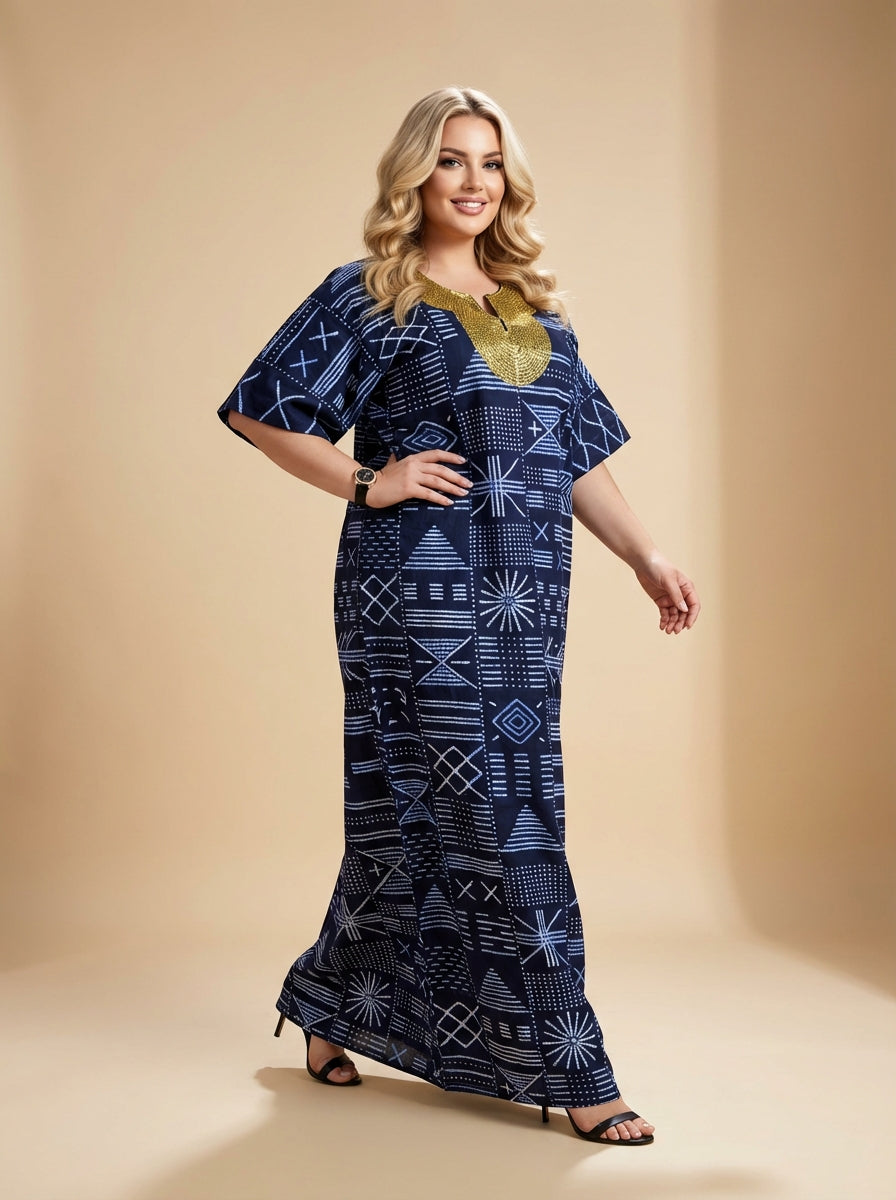 DerightFS Navy Blue African Print Maxi Dress with Gold Embellished Neckline – Elegant Loose Fit Kaftan Gown for Women