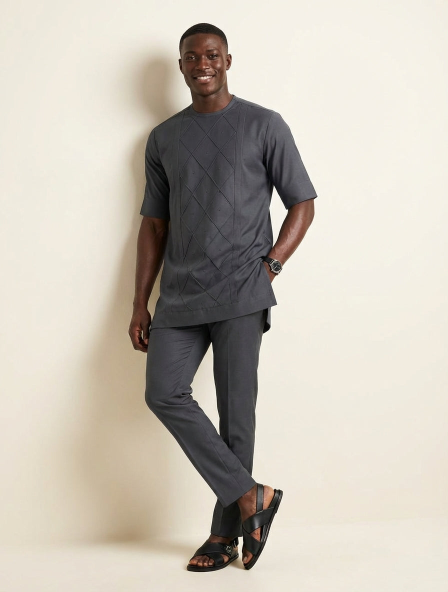 DerightFS Charcoal Grey Men’s Traditional Two-Piece Set – Modern Short Sleeve Tunic & Slim Fit Trousers | Luxury African Menswear