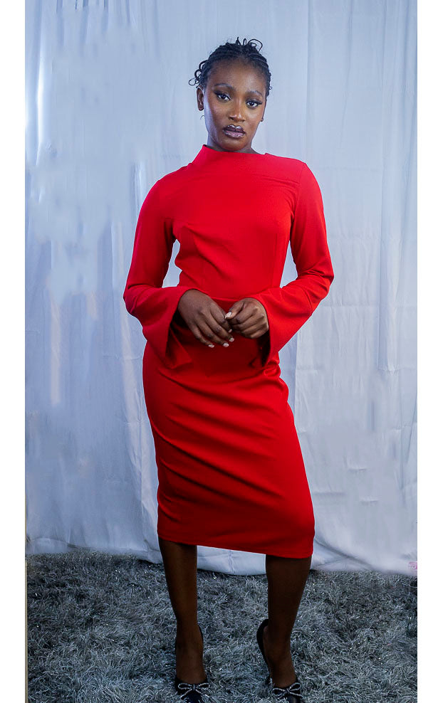 Red Long Sleeve Midi Bodycon Dress – Elegant High Neck Bell Sleeve Fitted Party Dress for Women Red / 10