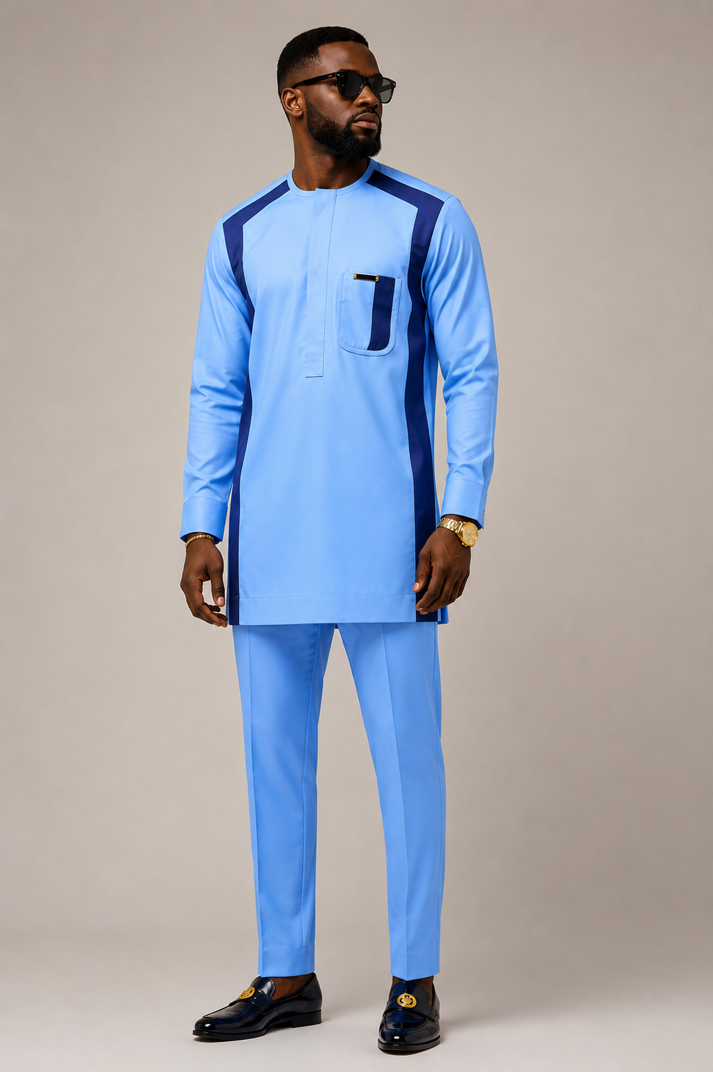 Men's Sky Blue Colour-Block Kaftan Two-Piece | Long Sleeve African Tunic with Navy Trim | Ready to Wear