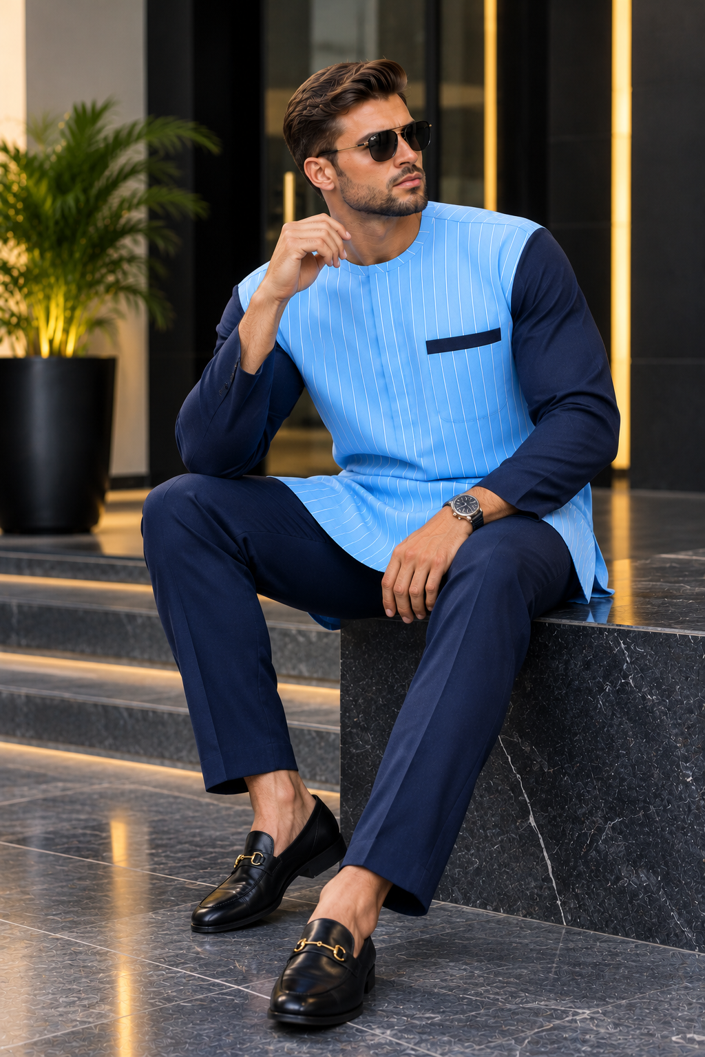 Men’s Sky Blue Pinstripe Kaftan Set with Navy Trousers | Luxury African Menswear