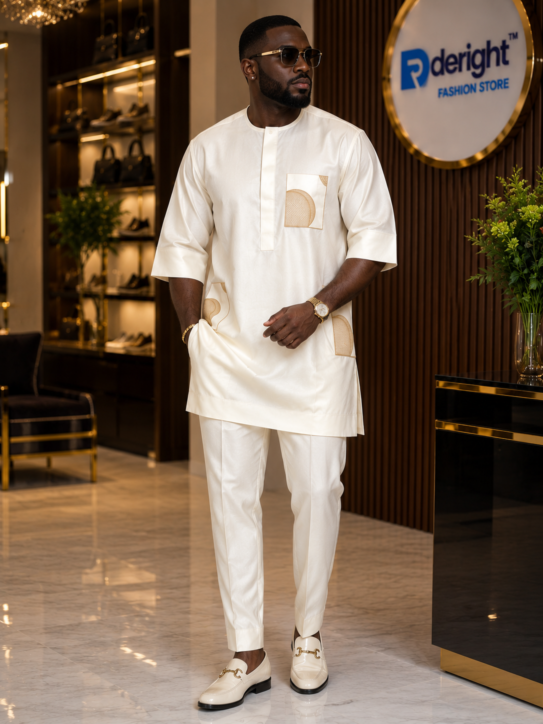 Men's Off-White Senator Two-Piece Set | Geometric Patch Pocket Detail | African Occasion Wear | Deright Fashion Store