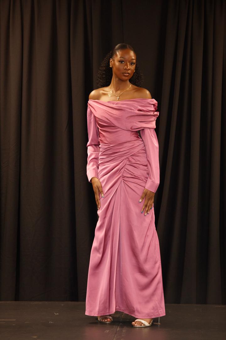 Timeless Glamour Off-Shoulder Ruched Pink Gown