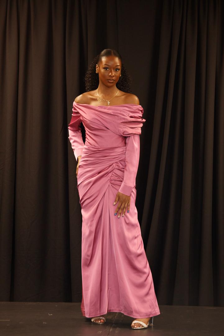 Timeless Glamour Off-Shoulder Ruched Pink Gown