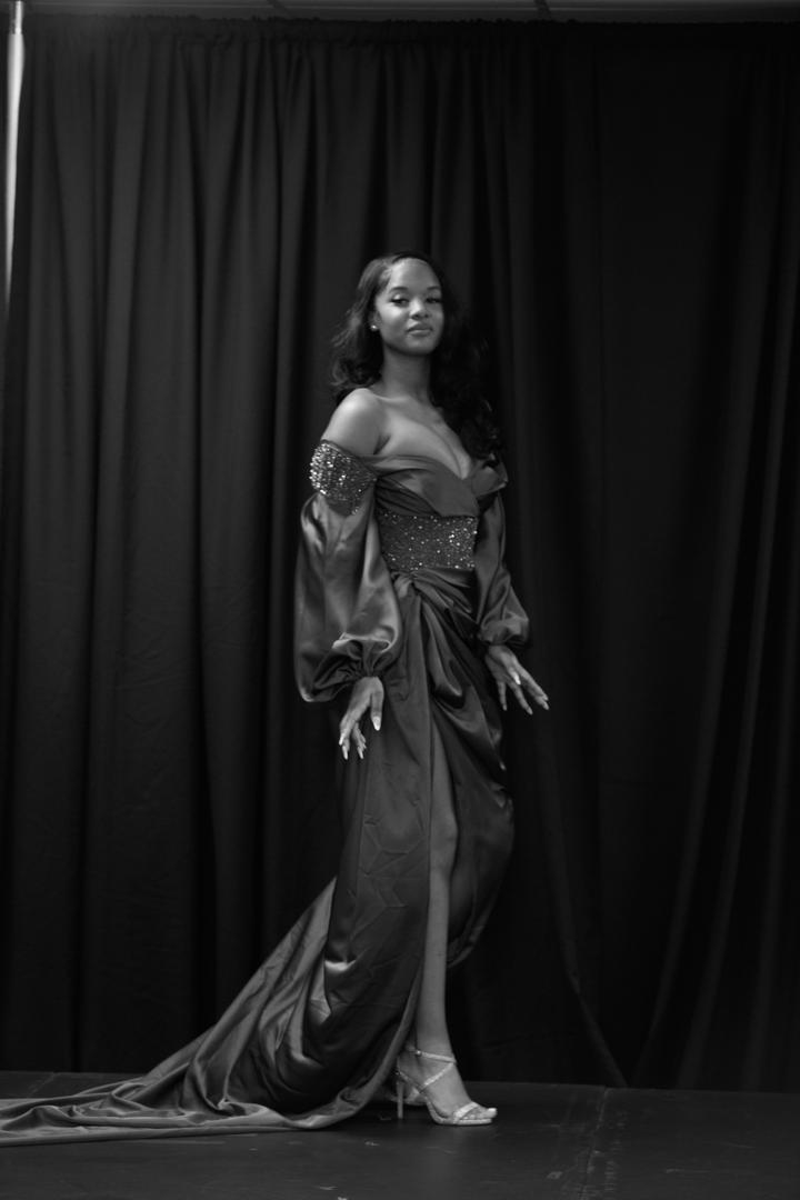 Glamour Off- shoulder purple satin gown