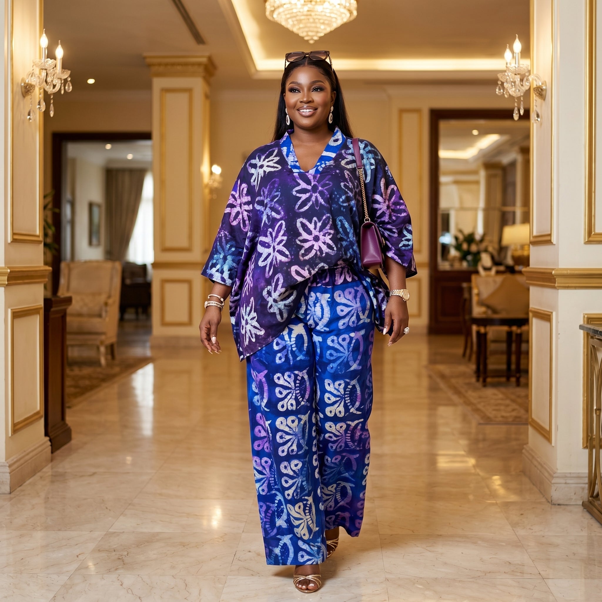 Women's Nigerian Adire Print Kaftan Top & Wide-Leg Trousers 2-Piece Set – African Occasion Wear | DerightFS