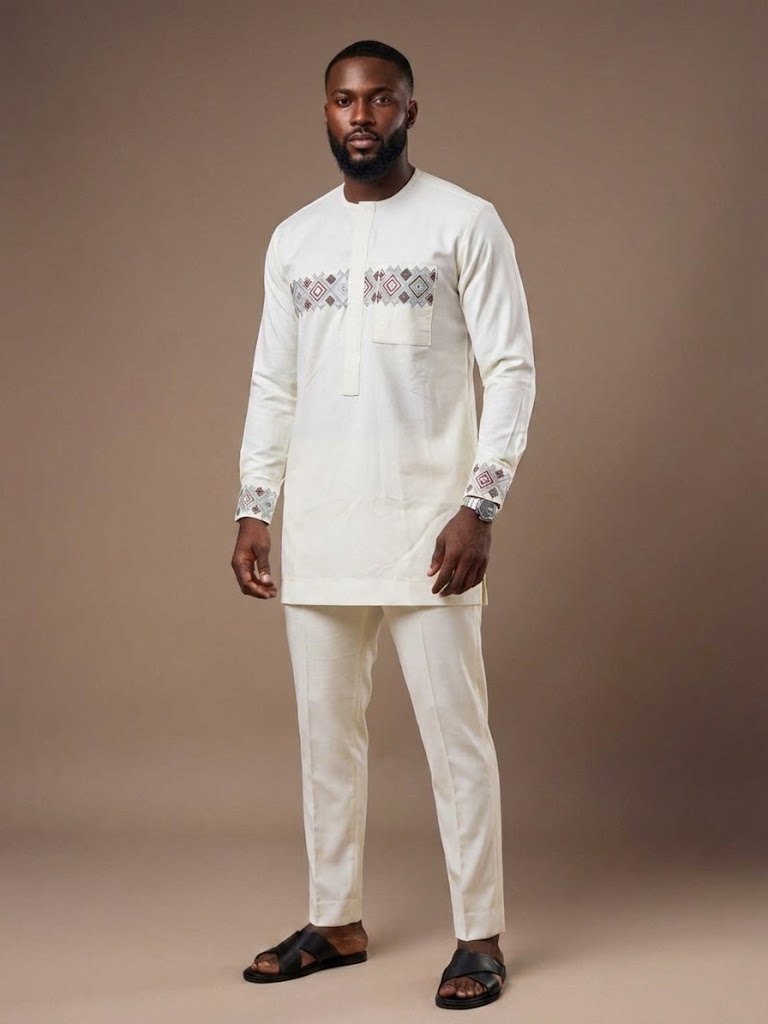DerightFS Men's Luxury Cream Senator Wear Set – Embroidered African Traditional Two-Piece Outfit | Premium Nigerian Kaftan Top & Slim-Fit Trousers for Men