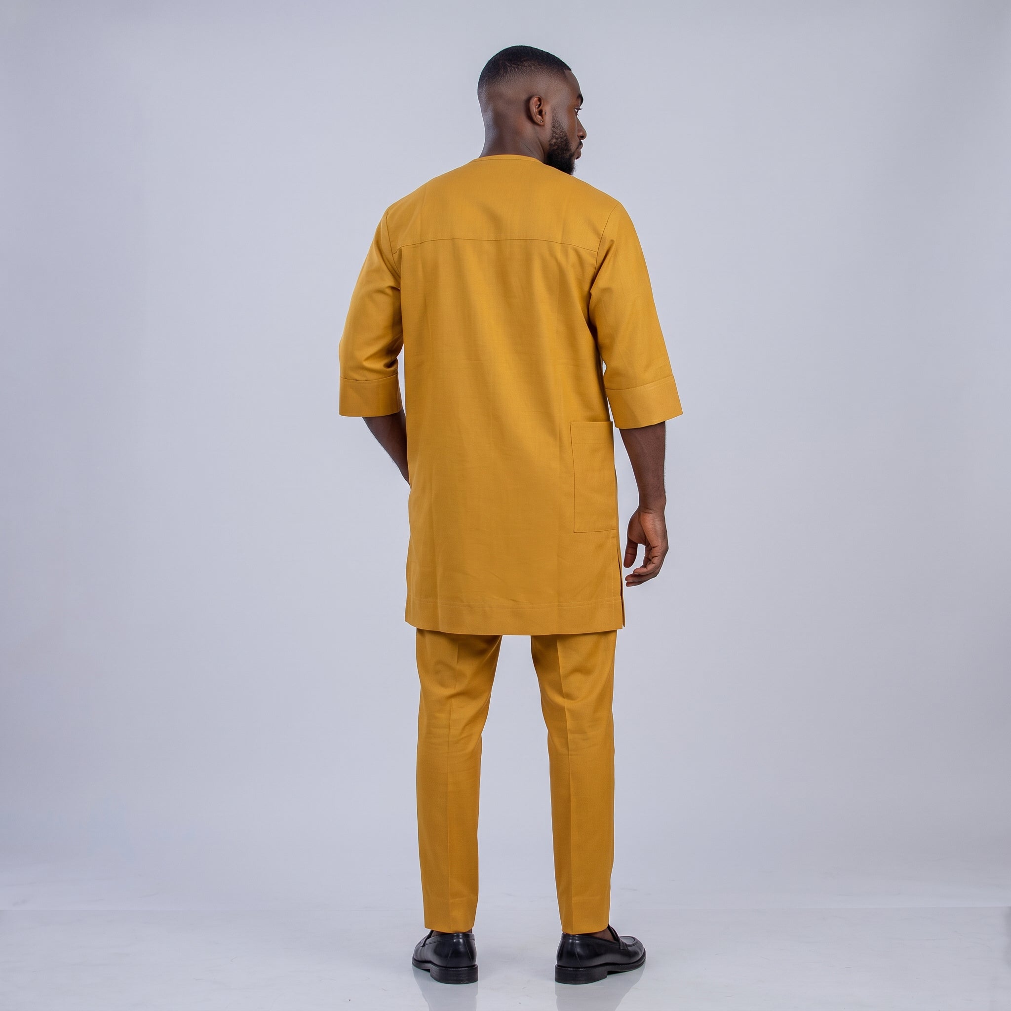 Men's Mustard Yellow Senator Two-Piece Set | Black Embroidery Detail | African Occasion Wear | Deright Fashion Store