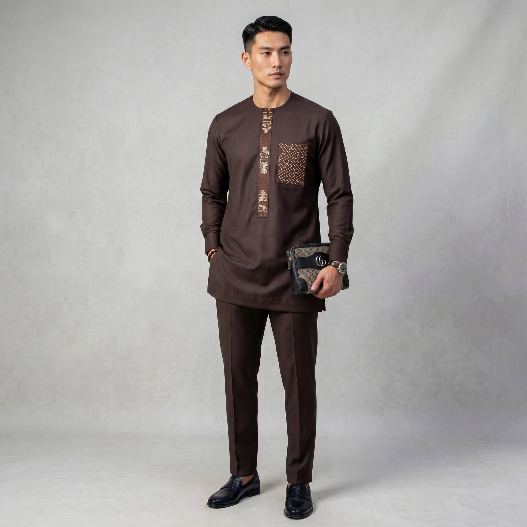 Men's Brown Embroidered Senator Two-Piece Set | Smart Occasion Wear | Ready to Wear | UK Next-Day Delivery