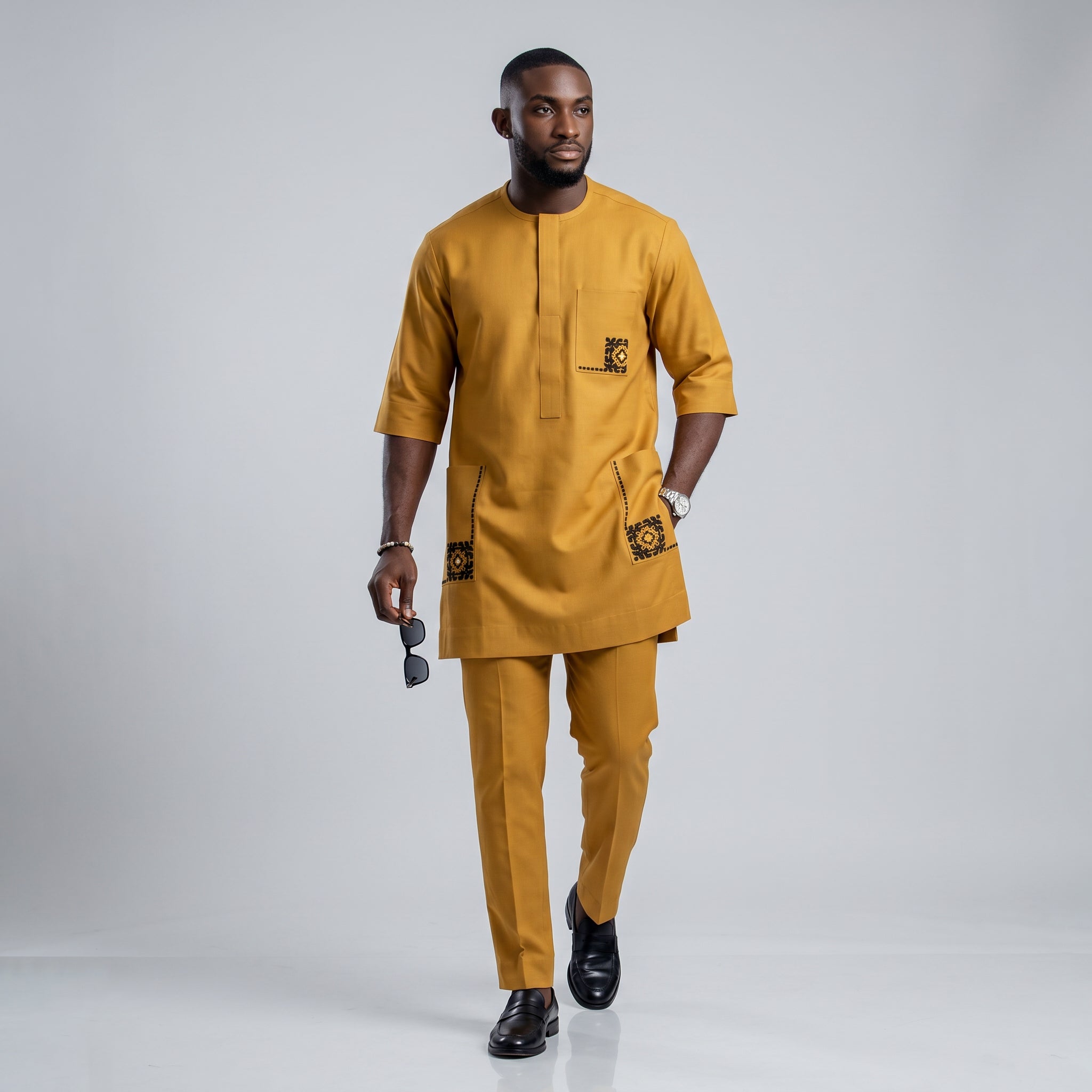Men's Mustard Yellow Senator Two-Piece Set | Black Embroidery Detail | African Occasion Wear | Deright Fashion Store