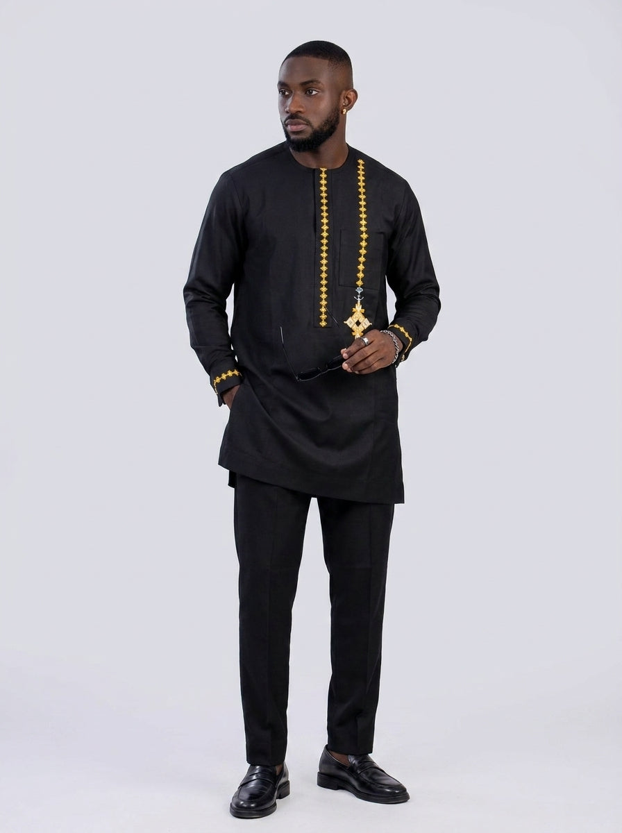 DerightFS Men's Luxury Black Senator Wear Set – Premium African Embroidered Kaftan Top & Slim-Fit Trousers | Elegant Nigerian Traditional Outfit for Weddings, Owambe & Special Occasions