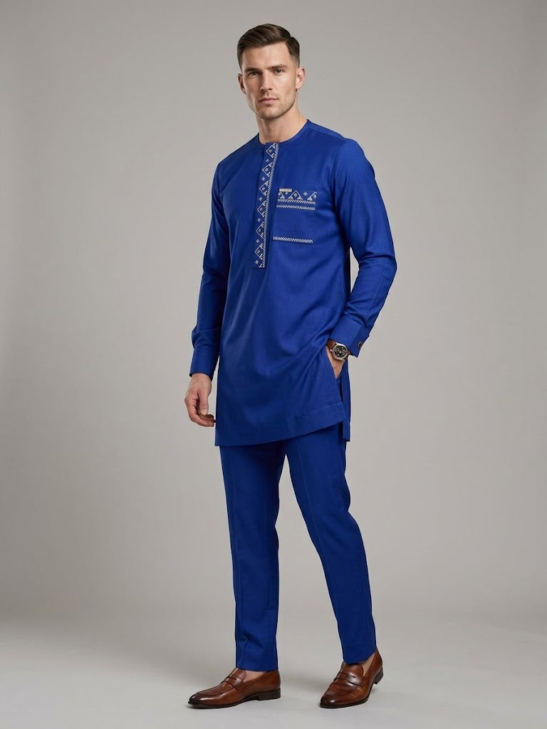 Luxury Royal Blue Embroidered Men’s Kaftan Set, Extended Length Agbada Style, Premium African Senator Outfit | DerightFS