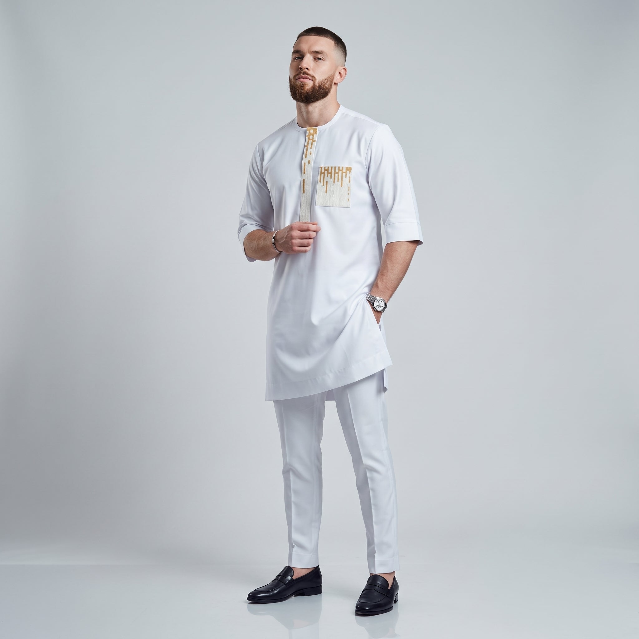 Men's White Senator Two-Piece Set | Bespoke African Occasion Wear | Gold Embroidery | Deright Fashion Store