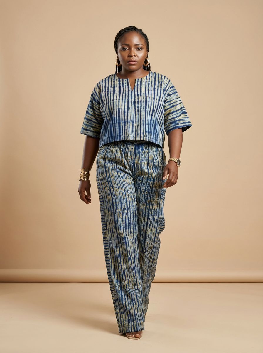 Women's Adire Shibori Print Two-Piece Co-ord Set | Crop Top & Wide Leg Trousers | Ready to Wear | UK Next-Day Delivery