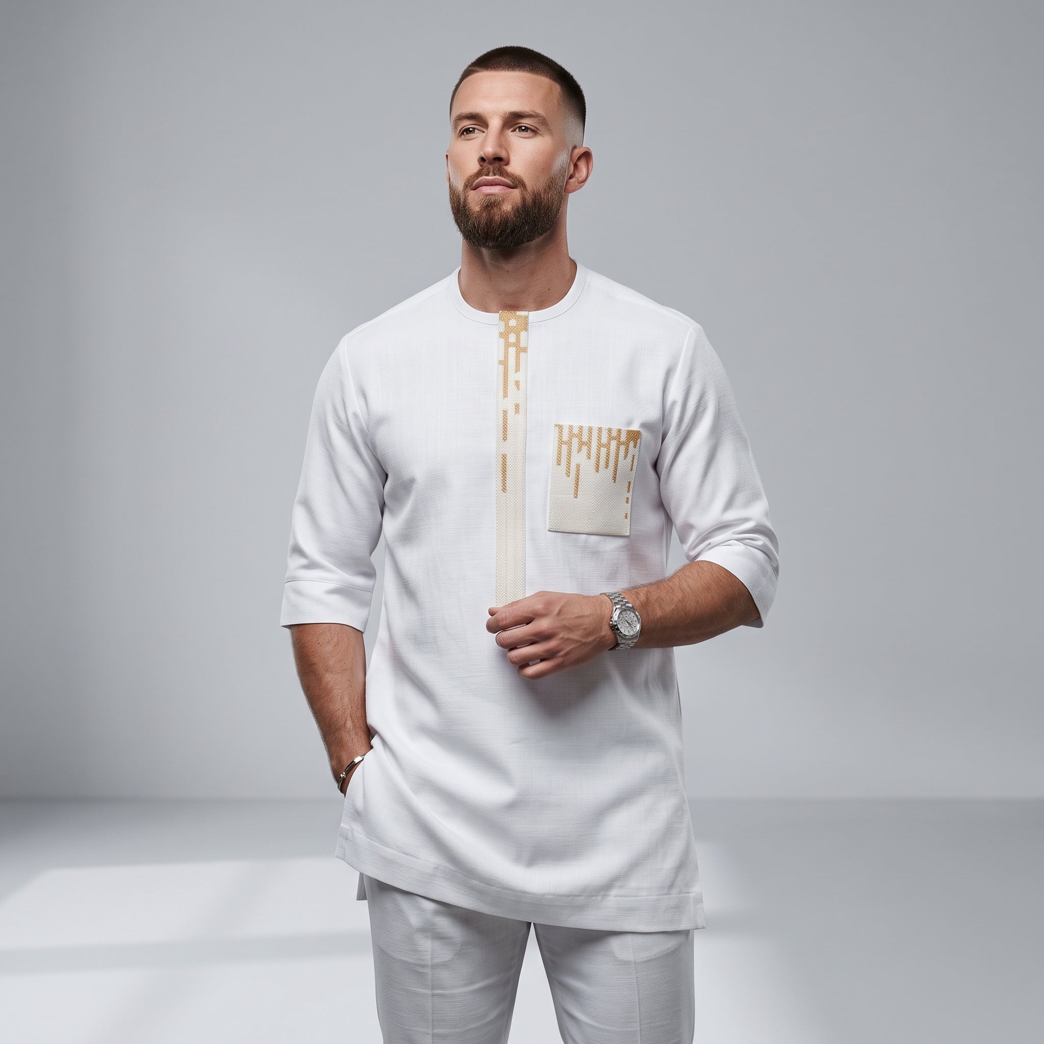 Men's White Senator Two-Piece Set | Bespoke African Occasion Wear | Gold Embroidery | Deright Fashion Store