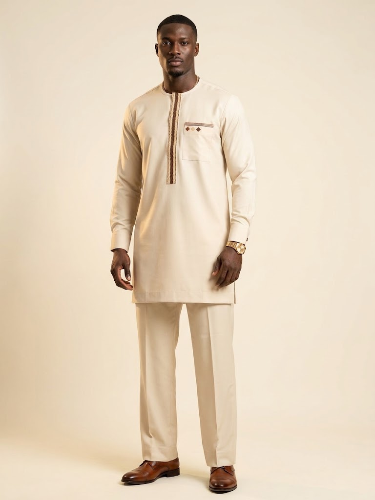 Cream Embroidered Two-Piece Men's Kaftan Senator Suit | Premium African Luxury Menswear | DerightFS