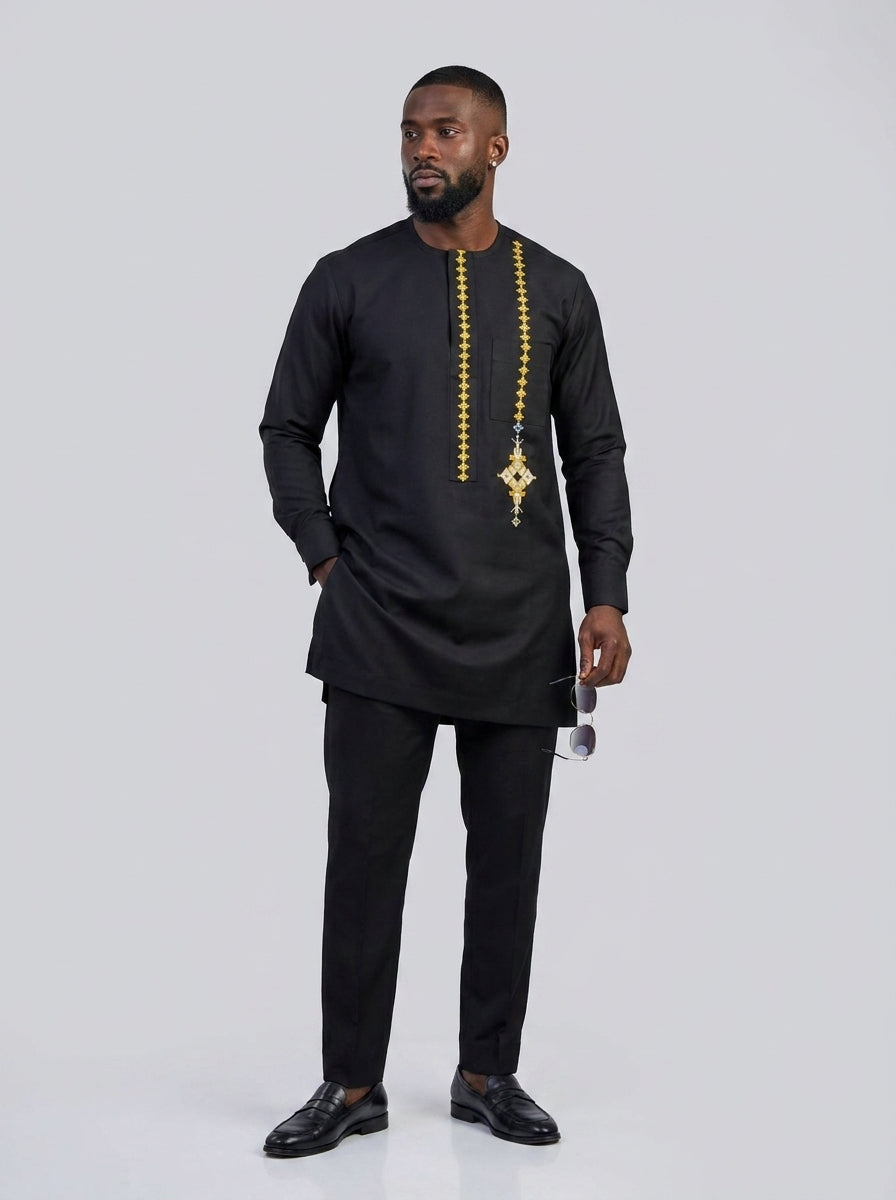 DerightFS Men's Luxury Black Senator Wear Set – Premium African Embroidered Kaftan Top & Slim-Fit Trousers | Elegant Nigerian Traditional Outfit for Weddings, Owambe & Special Occasions