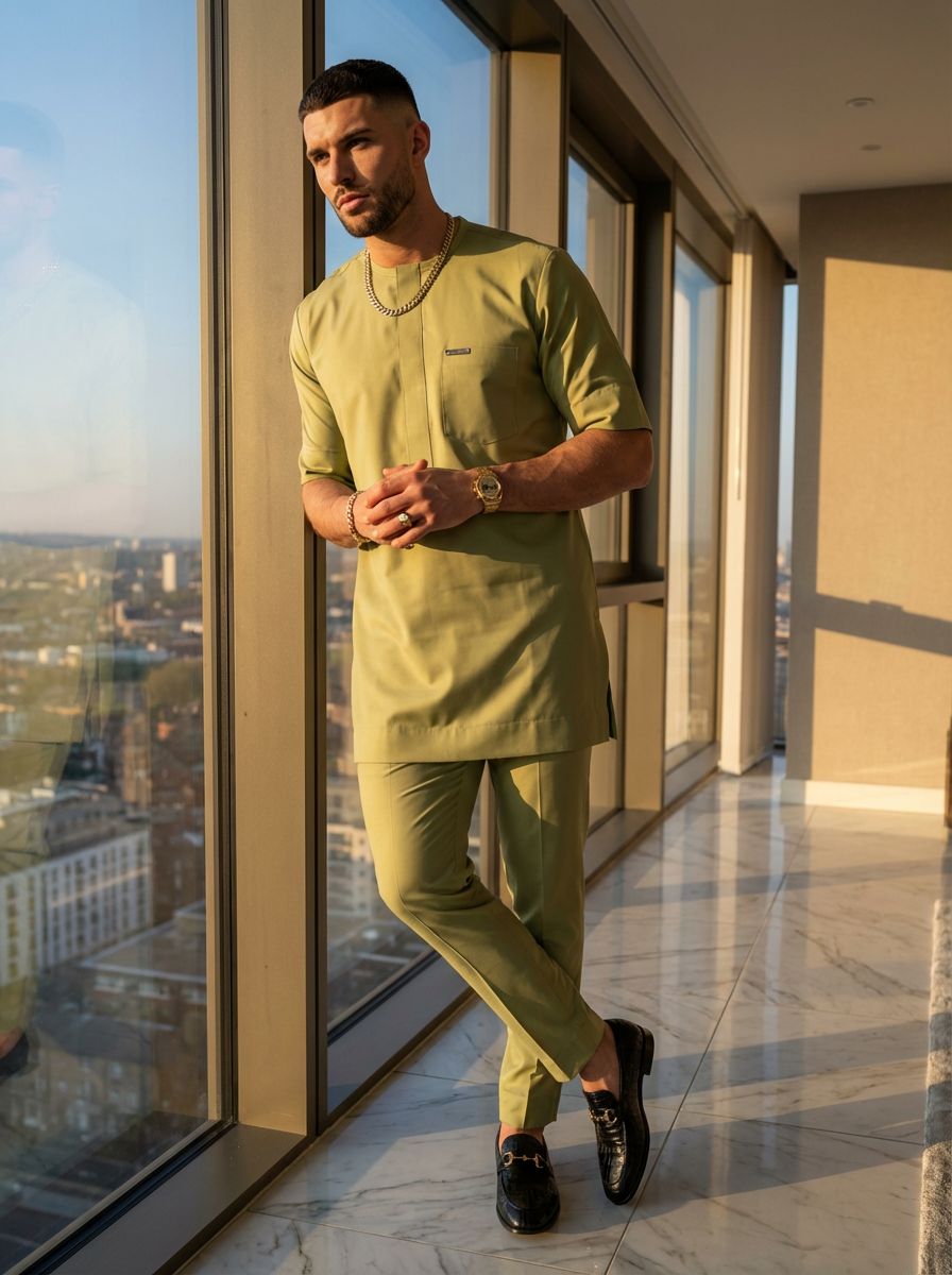 DerightFS Men's Luxury Sage Green Senator Wear Set – Modern Short Sleeve African Tunic Top & Slim-Fit Trousers | Premium Nigerian Menswear for Weddings, Owambe & Special Occasions