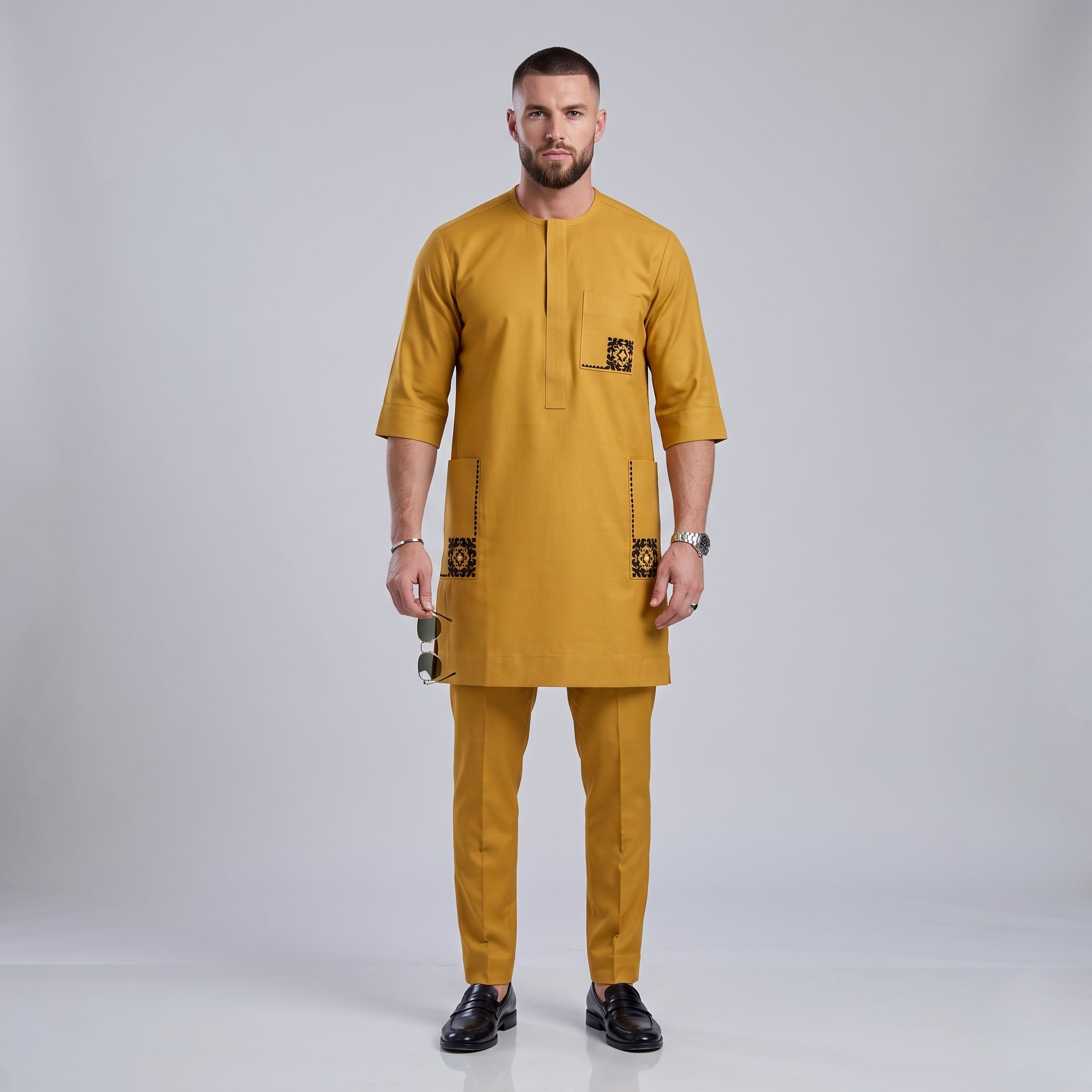 Men's Mustard Yellow Senator Two-Piece Set | Black Embroidery Detail | African Occasion Wear | Deright Fashion Store