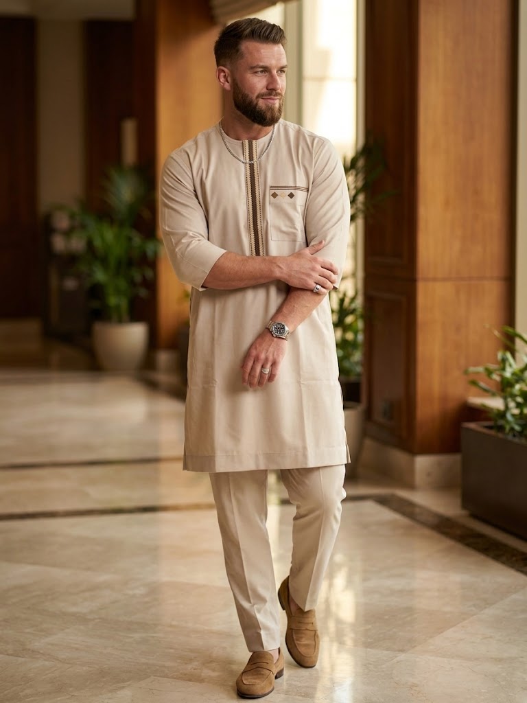 Cream Embroidered Two-Piece Men's Kaftan Senator Suit | Premium African Luxury Menswear | DerightFS