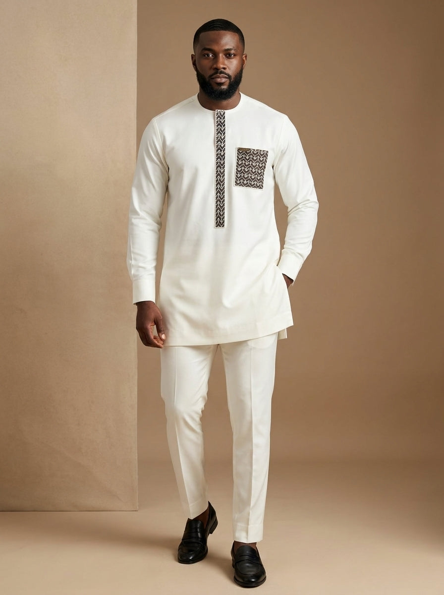 Men’s Ivory Senator Kaftan Set with Patterned Flap & Pocket | Luxury African Traditional Wear | Wedding & Occasion Outfit – DerightFS