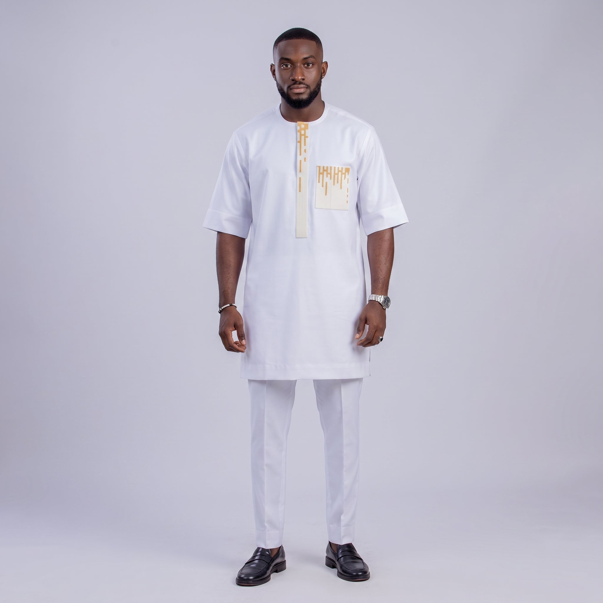 Men's White Senator Two-Piece Set | Bespoke African Occasion Wear | Gold Embroidery | Deright Fashion Store