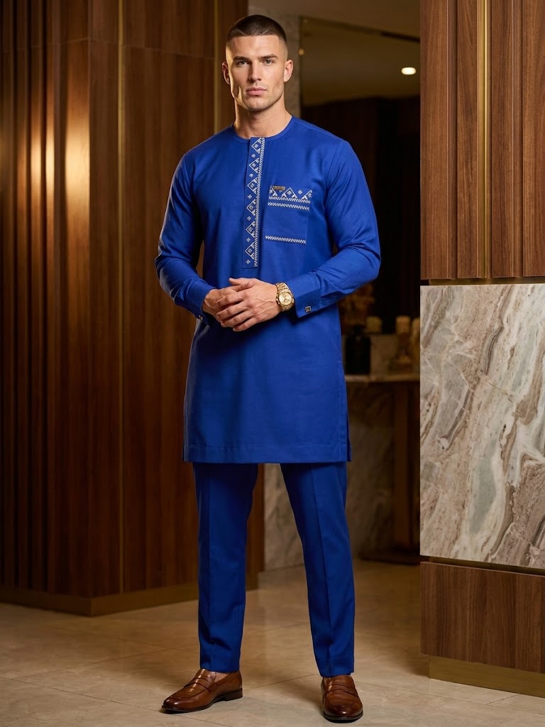 Luxury Royal Blue Embroidered Men’s Kaftan Set, Extended Length Agbada Style, Premium African Senator Outfit | DerightFS