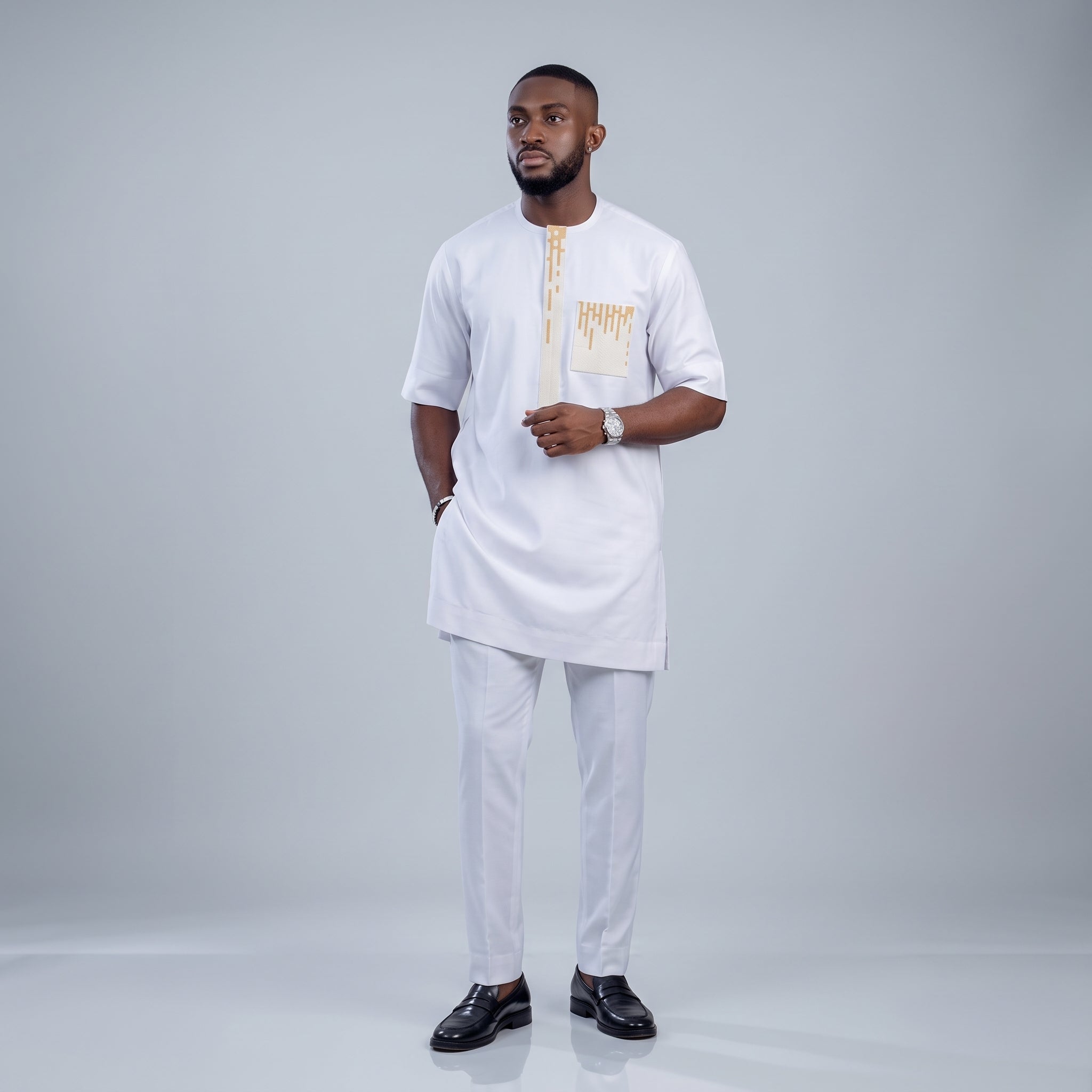 Men's White Senator Two-Piece Set | Bespoke African Occasion Wear | Gold Embroidery | Deright Fashion Store