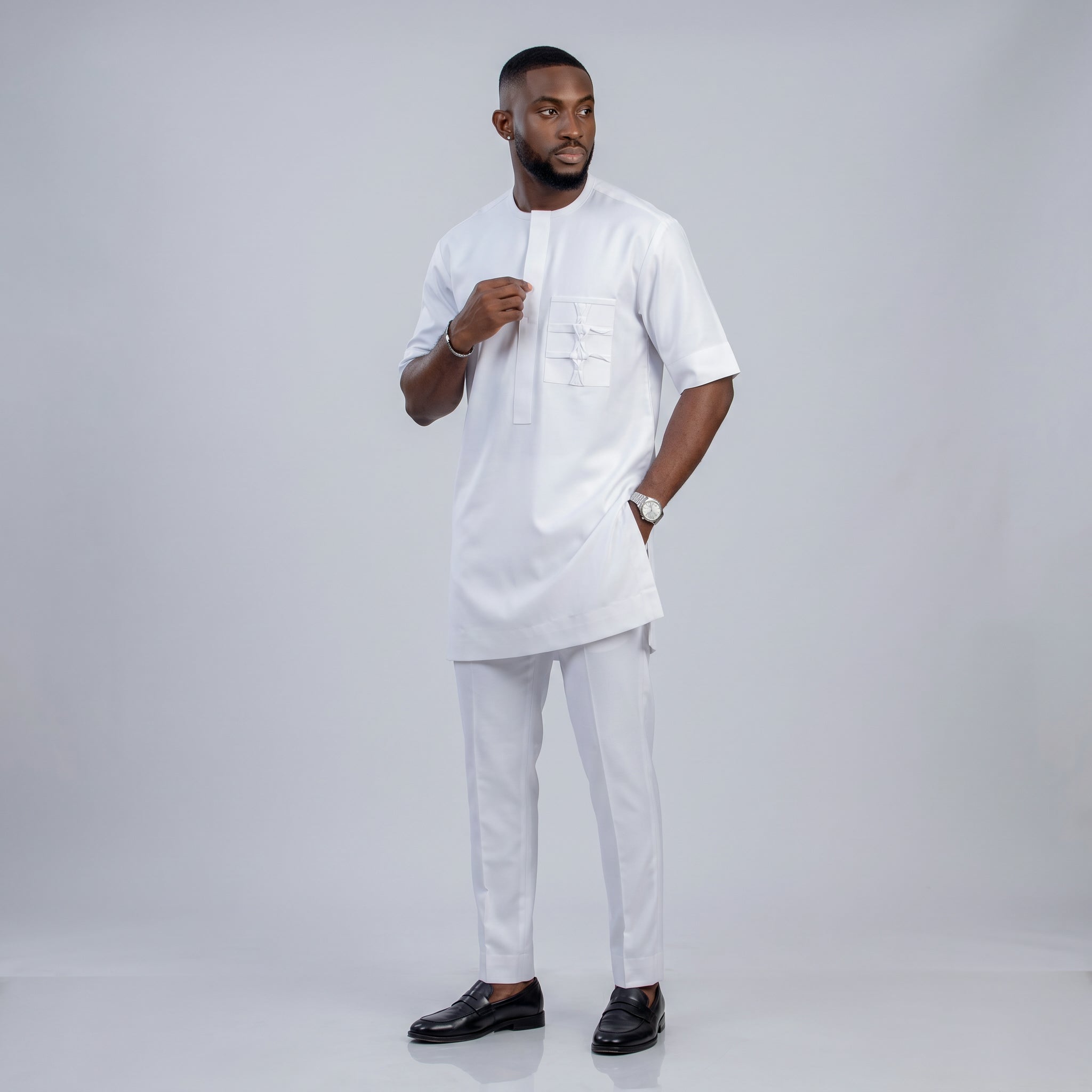 Men's White Long Sleeve Senator Two-Piece Set | Minimalist African Occasion Wear | Deright Fashion Store