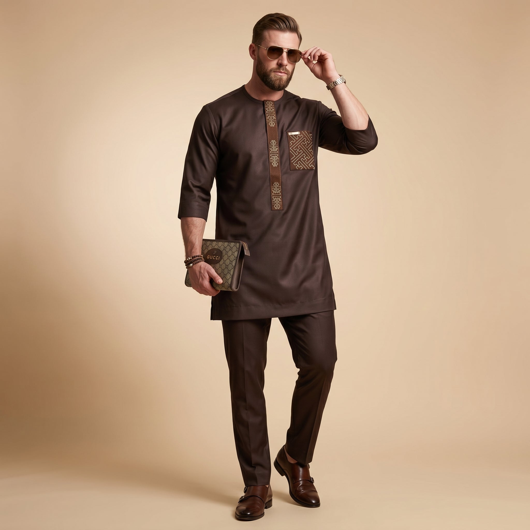 Men's Brown Embroidered Senator Two-Piece Set | Smart Occasion Wear | Ready to Wear | UK Next-Day Delivery
