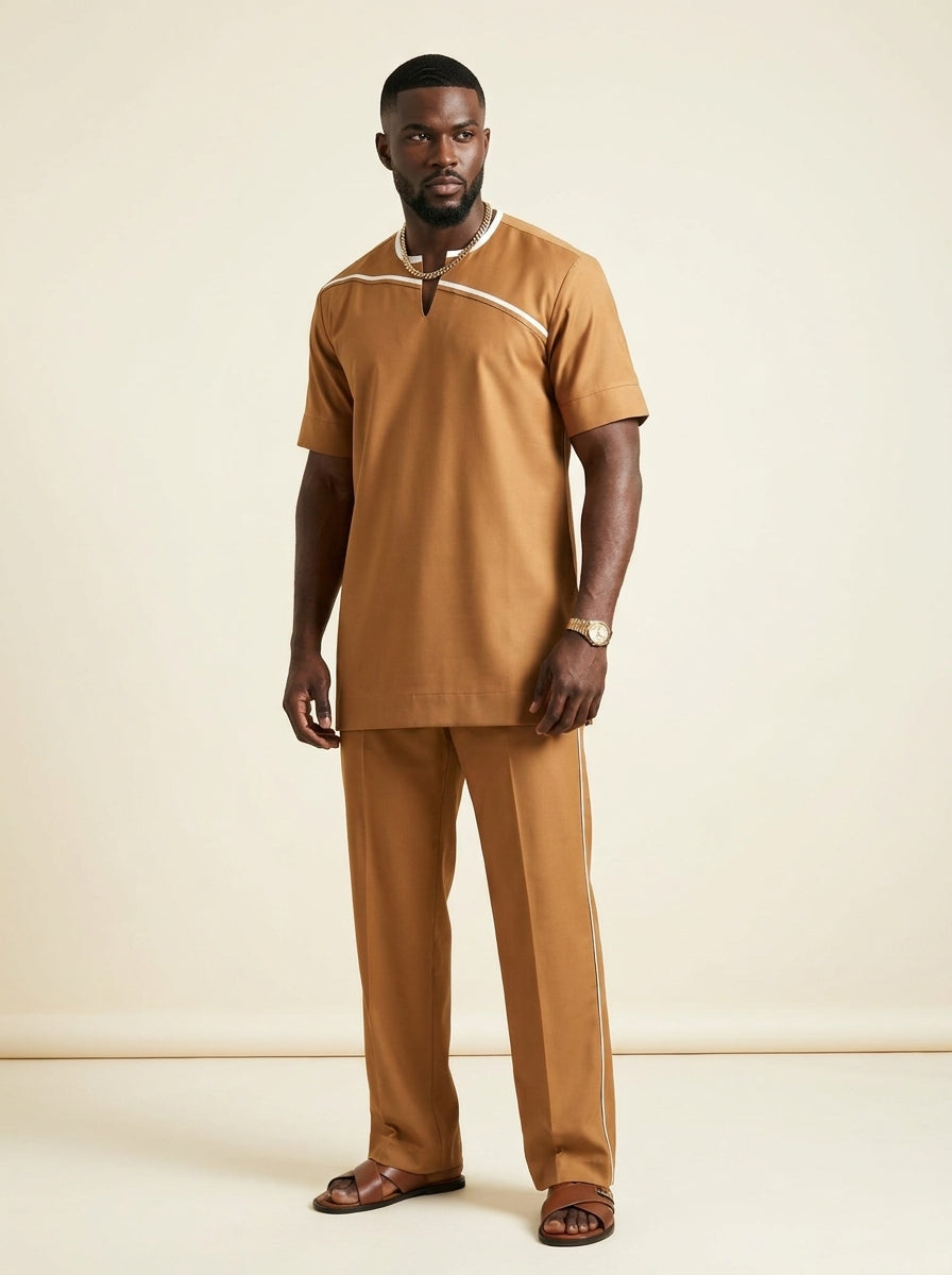 DerightFS Men's Luxury Camel Brown Two-Piece Senator Wear Set – Modern African Short Sleeve Kaftan Top & Wide-Leg Trousers with Contrast Ivory Stripe | Premium African Menswear