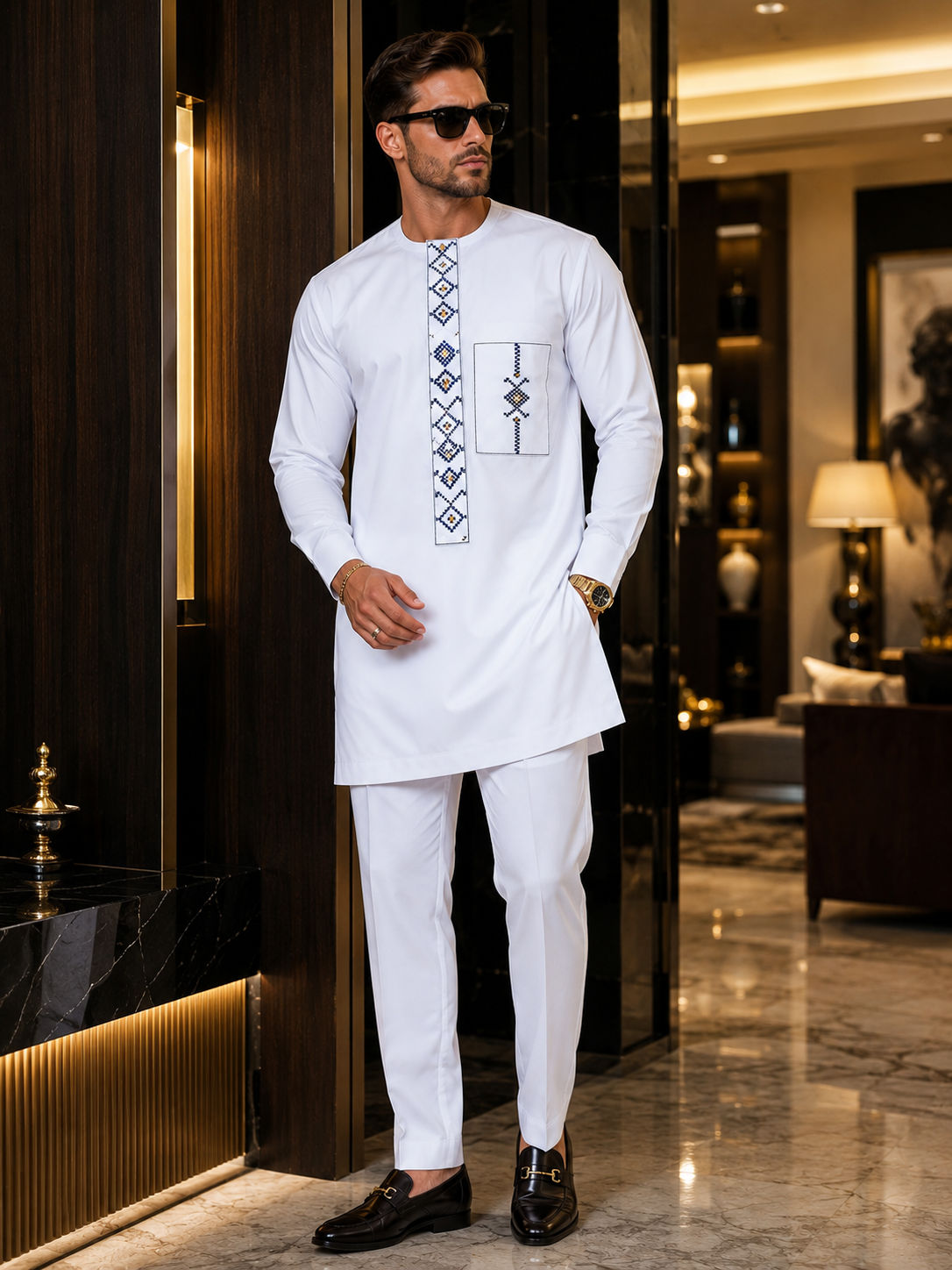 White Embroidered Senator Kaftan Set for Men