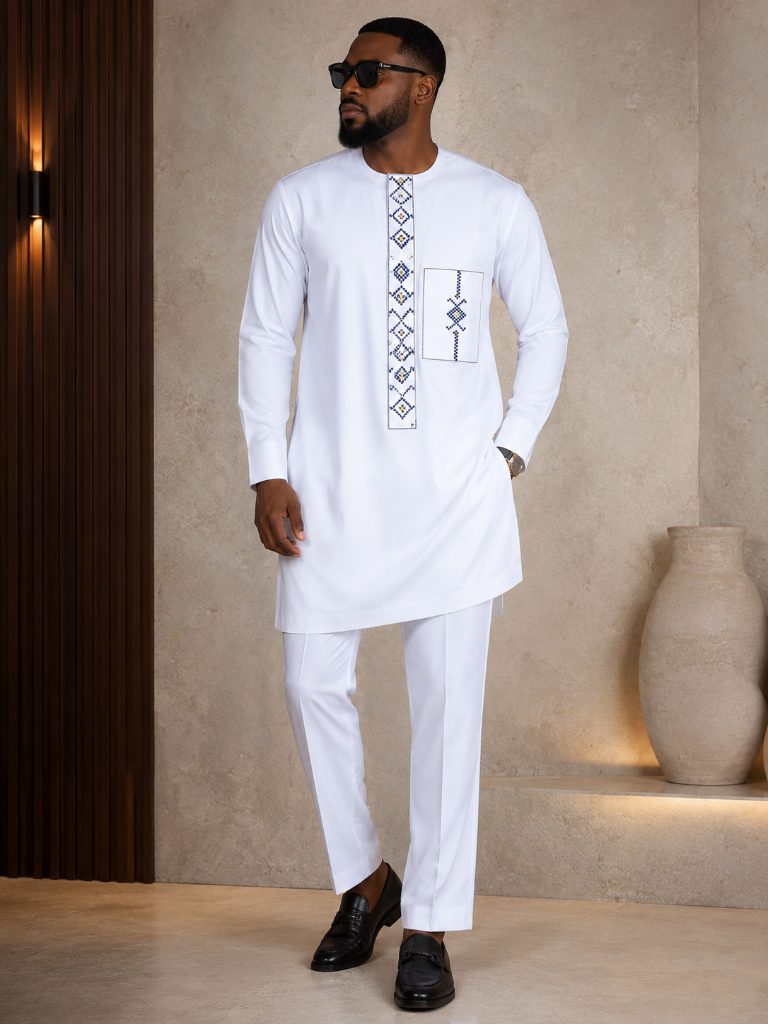 White Embroidered Senator Kaftan Set for Men