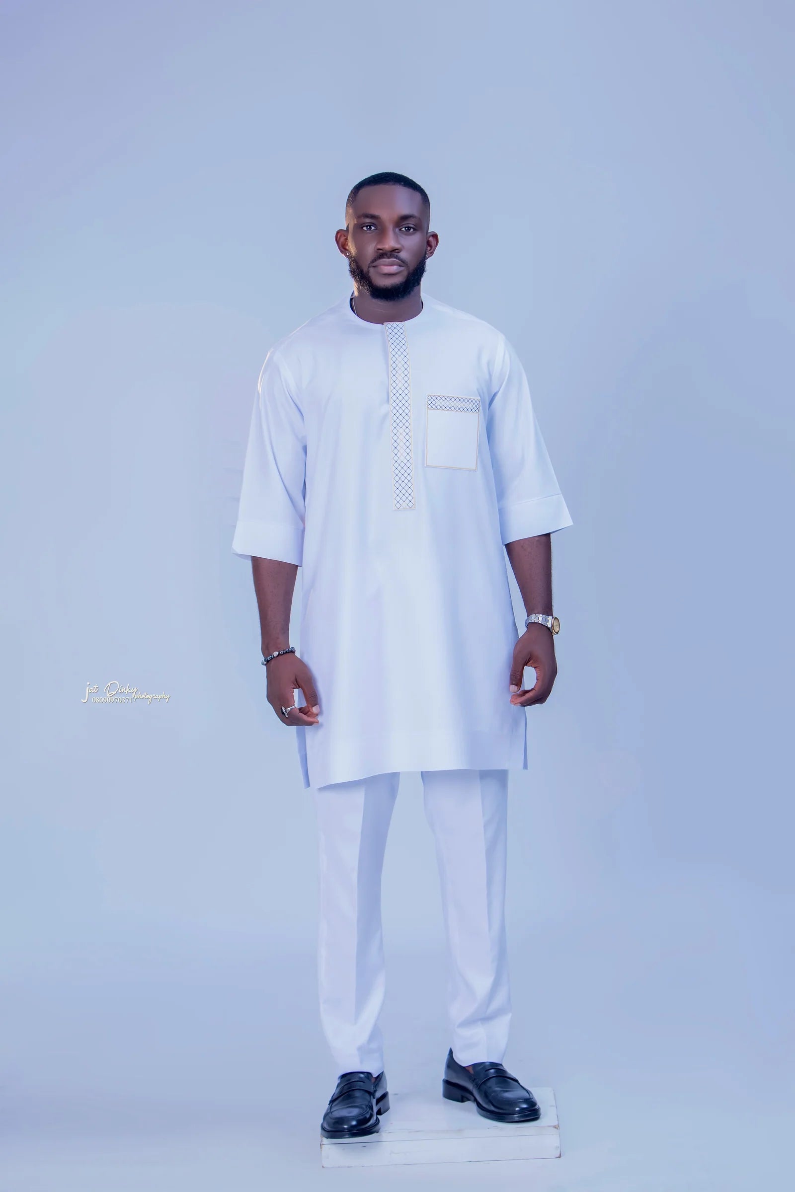 White Senator Kaftan Set – Men's Embroidered African Two-Piece Outfit | Deright Fashion Store