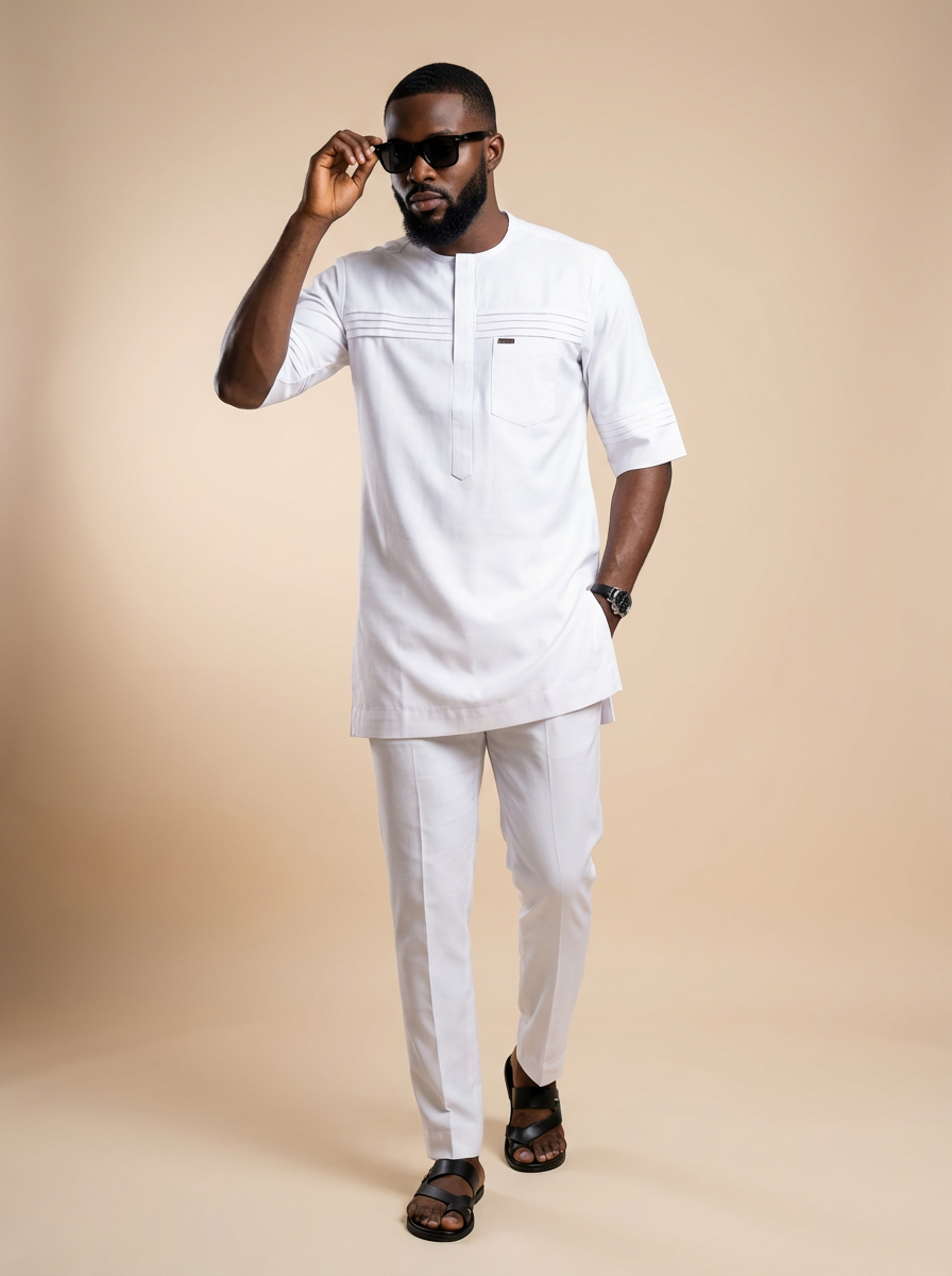 DerightFS Luxury White Men’s Traditional Two-Piece Outfit – Modern African Short Sleeve Kaftan Top & Slim Fit Trousers Set