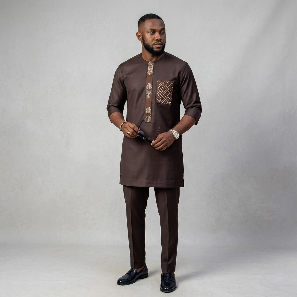 Men's Brown Embroidered Senator Two-Piece Set | Smart Occasion Wear | Ready to Wear | UK Next-Day Delivery