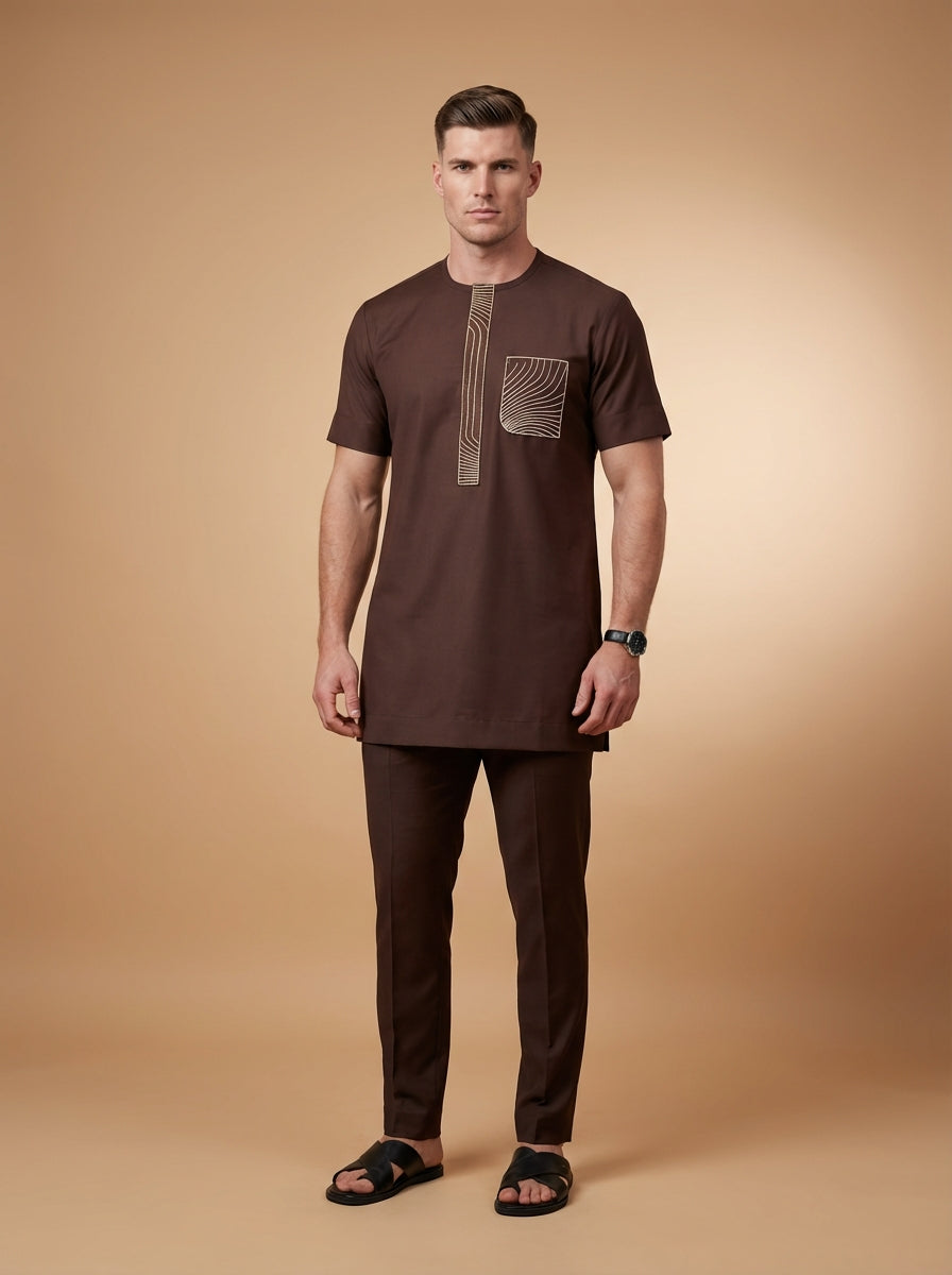 DerightFS Men’s Luxury Brown Senator Wear Set – Short Sleeve African Traditional Outfit with Embroidered Detail | Modern Kaftan & Trouser Set