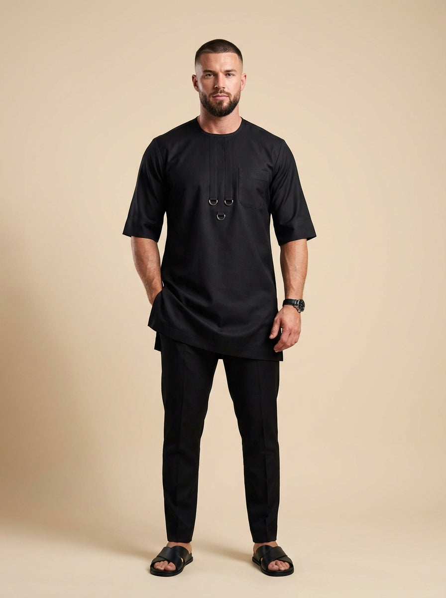 DerightFS Luxury Black Men’s Traditional Two-Piece Outfit – Modern Short Sleeve Kaftan Top & Tailored Trousers Set