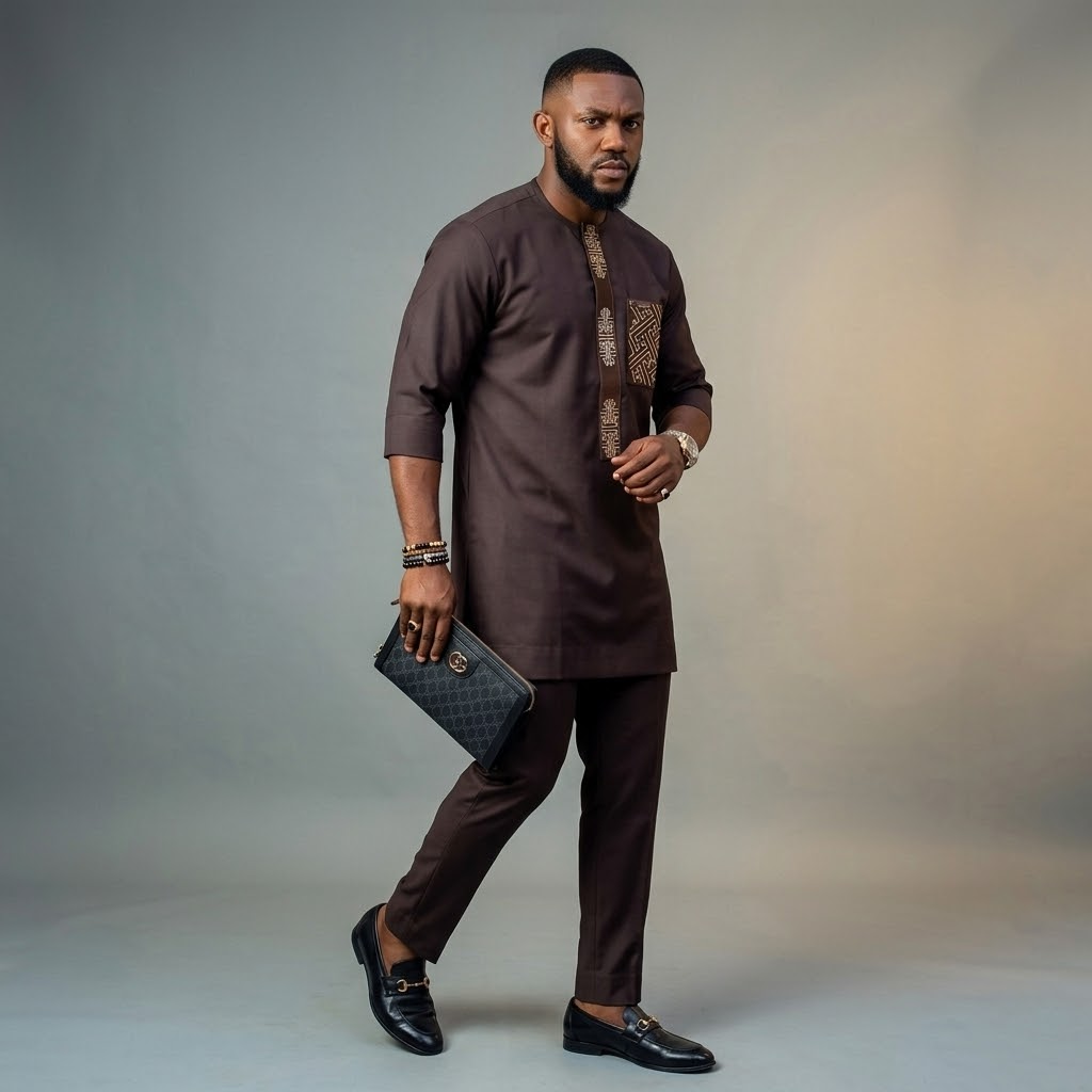 Men's Brown Embroidered Senator Two-Piece Set | Smart Occasion Wear | Ready to Wear | UK Next-Day Delivery