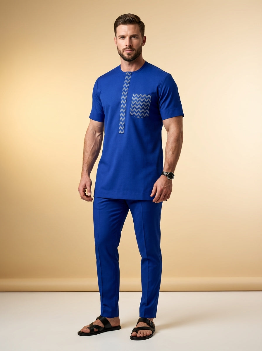 DerightFS Royal Blue Men’s Traditional Two-Piece Set – Modern African Short Sleeve Kaftan Top with Pattern Detail & Slim Fit Trousers