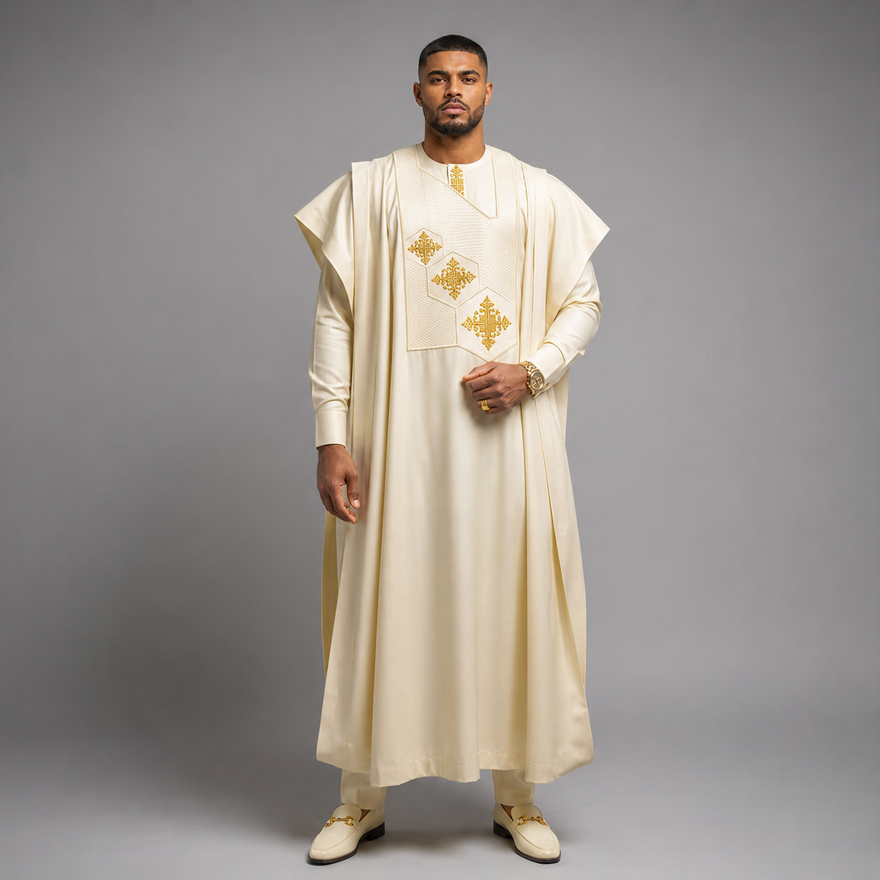 Men's Ivory Gold Embroidered Agbada Set | Bespoke Nigerian Wedding Outfit | 3-Piece Luxury African Attire