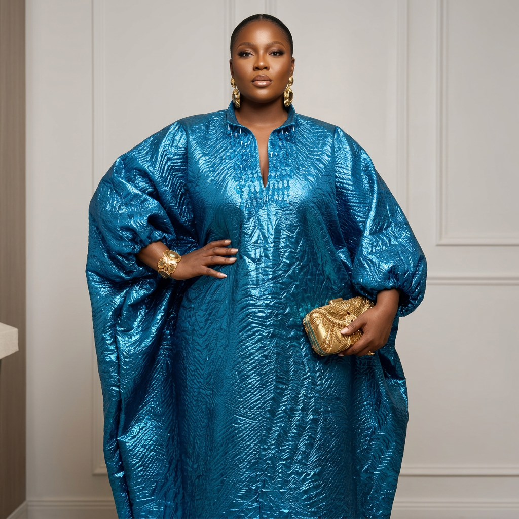 DerightFS Luxury Blue African Boubou Kaftan Dress for Women – Elegant Nigerian Traditional Maxi Kaftan, Flowing One-Size African Party & Occasion Outfit