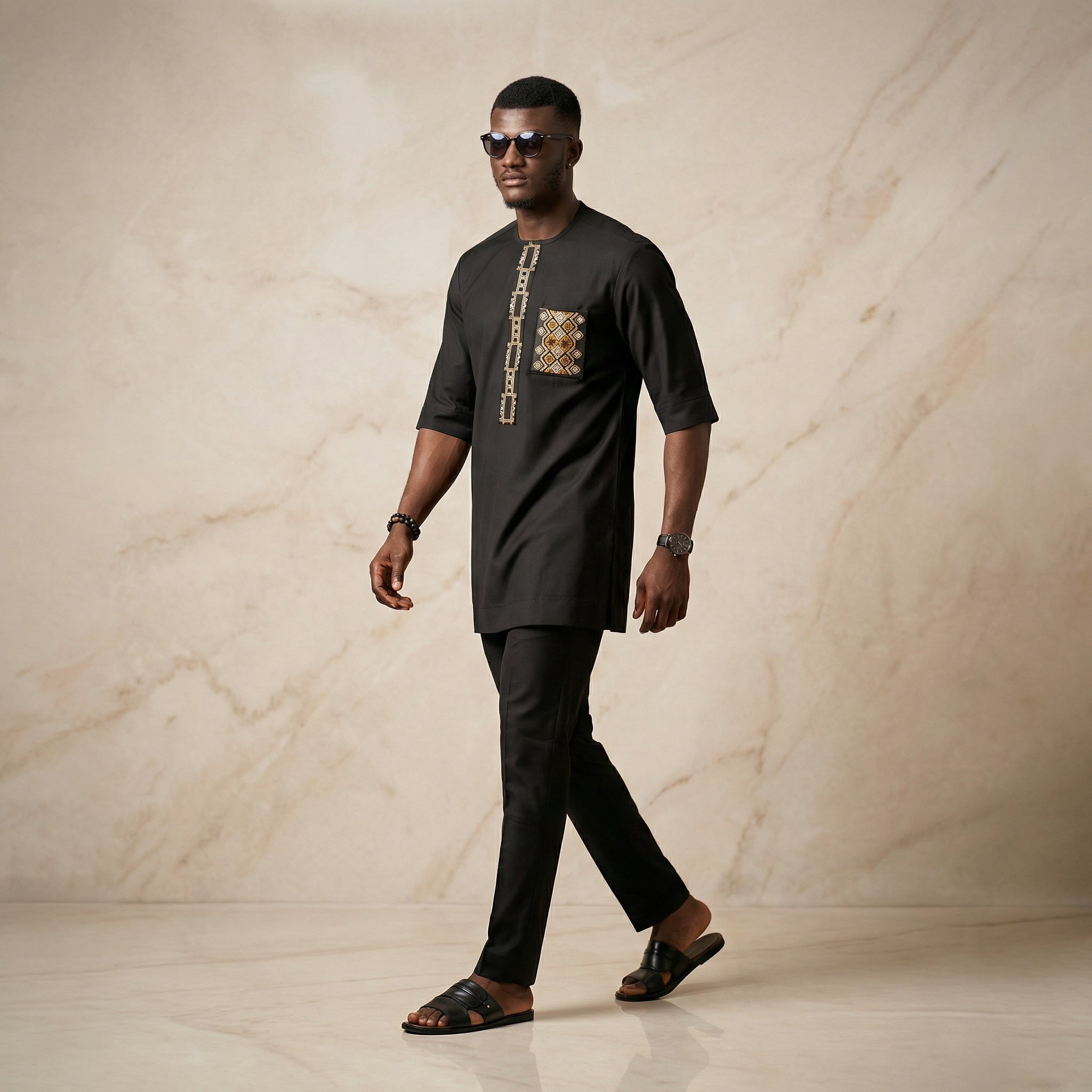 Men’s Black African Senator Outfit – Embroidered Kaftan & Trousers 2 Piece Set | Traditional Agbada Style Wedding & Formal Wear