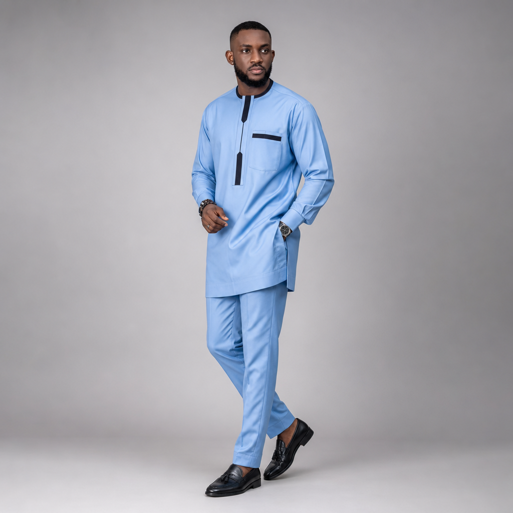 Men's Sky Blue Senator Two-Piece Set | Navy Trim African Occasion Wear UK | DerightFS