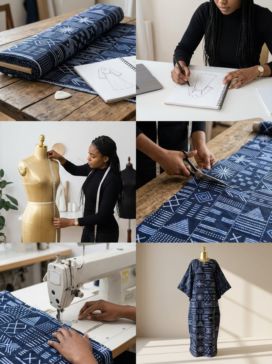 DerightFS Navy Blue African Print Maxi Dress with Gold Embellished Neckline – Elegant Loose Fit Kaftan Gown for Women