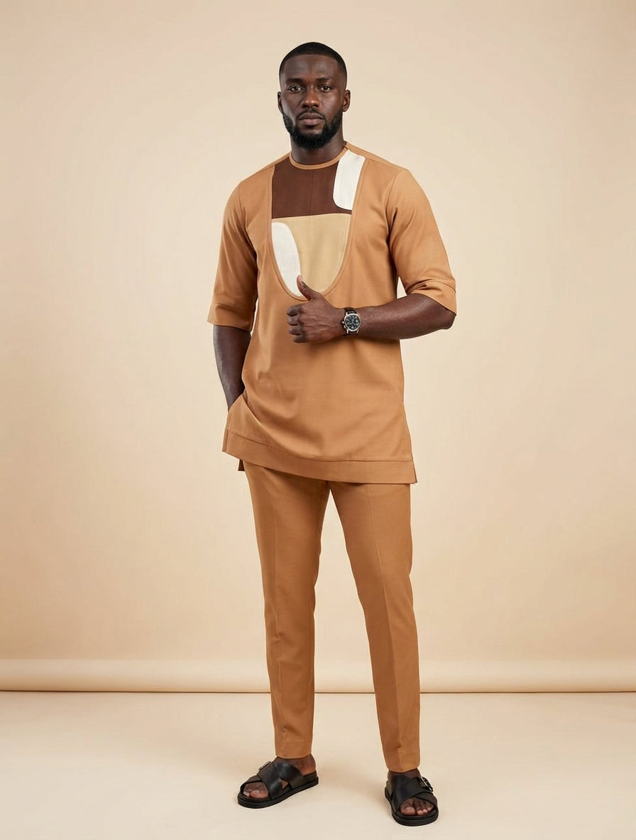 DerightFS Men’s Luxury Camel Brown Senator Wear Set – Modern African Kaftan with Contrast Panel & Slim-Fit Trousers
