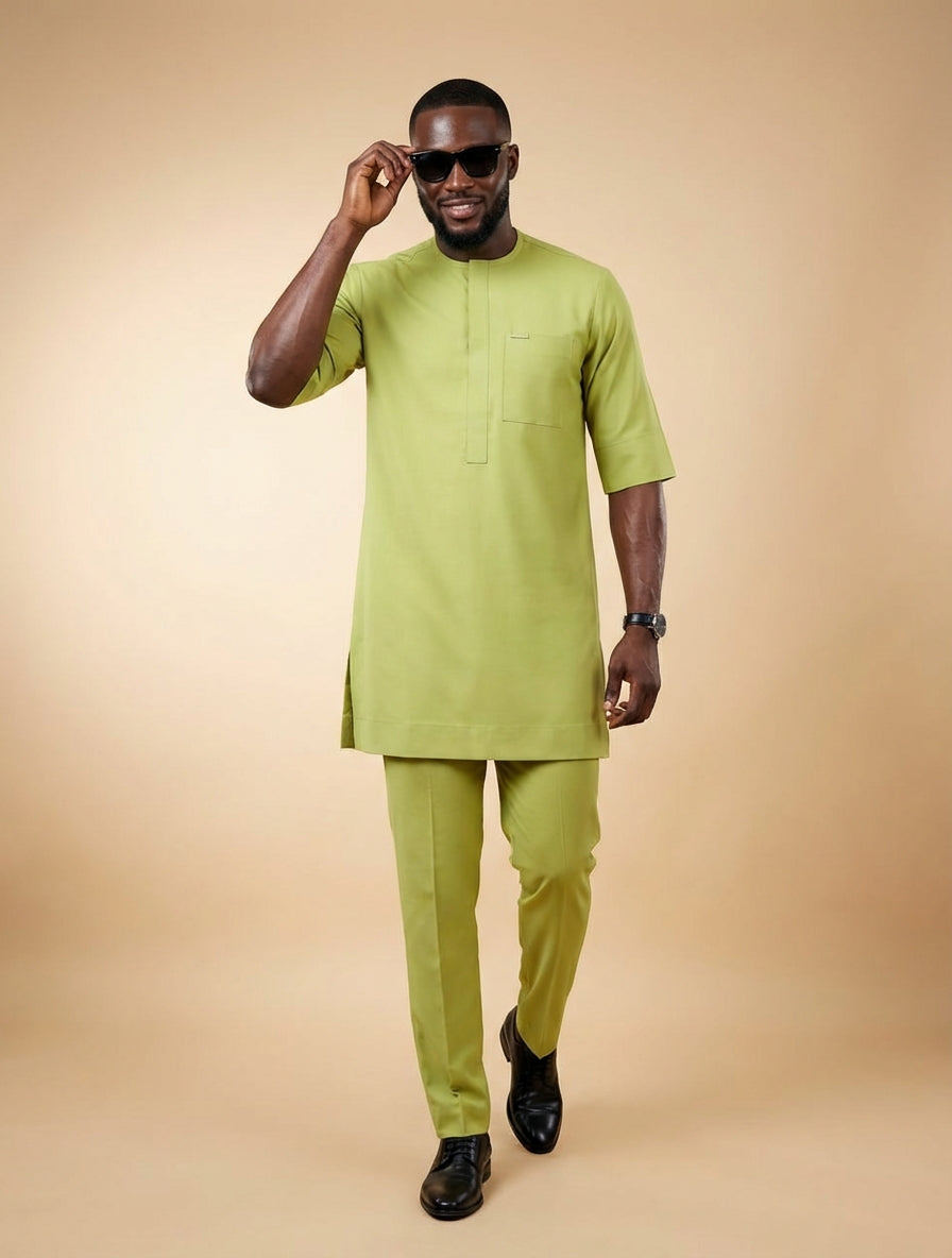 DerightFS Men’s Luxury Lime Green Senator Wear Set – Modern African Kaftan & Slim-Fit Trouser Outfit