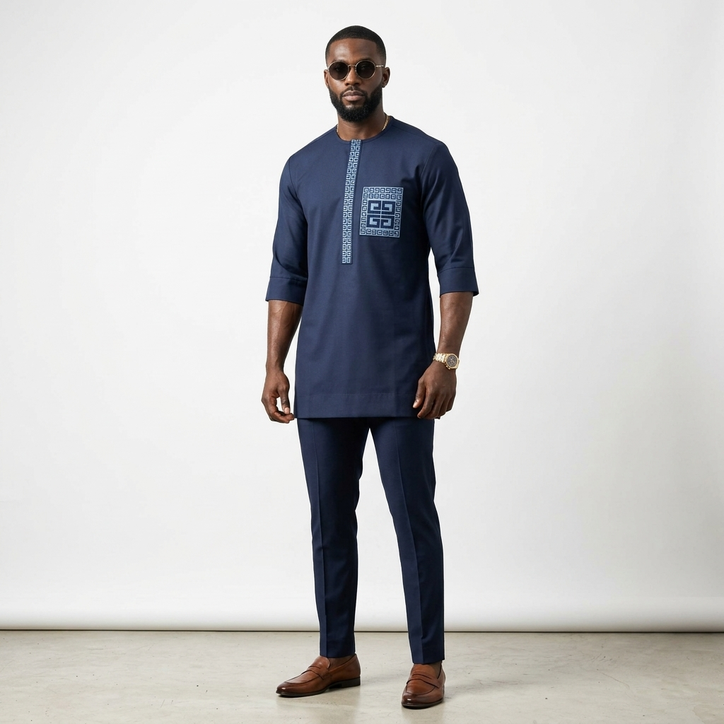 DerightFS Luxury Navy Blue Men’s Kaftan Set – African Senator Wear with Embroidery, 3/4 Sleeve Traditional Outfit with Matching Trousers