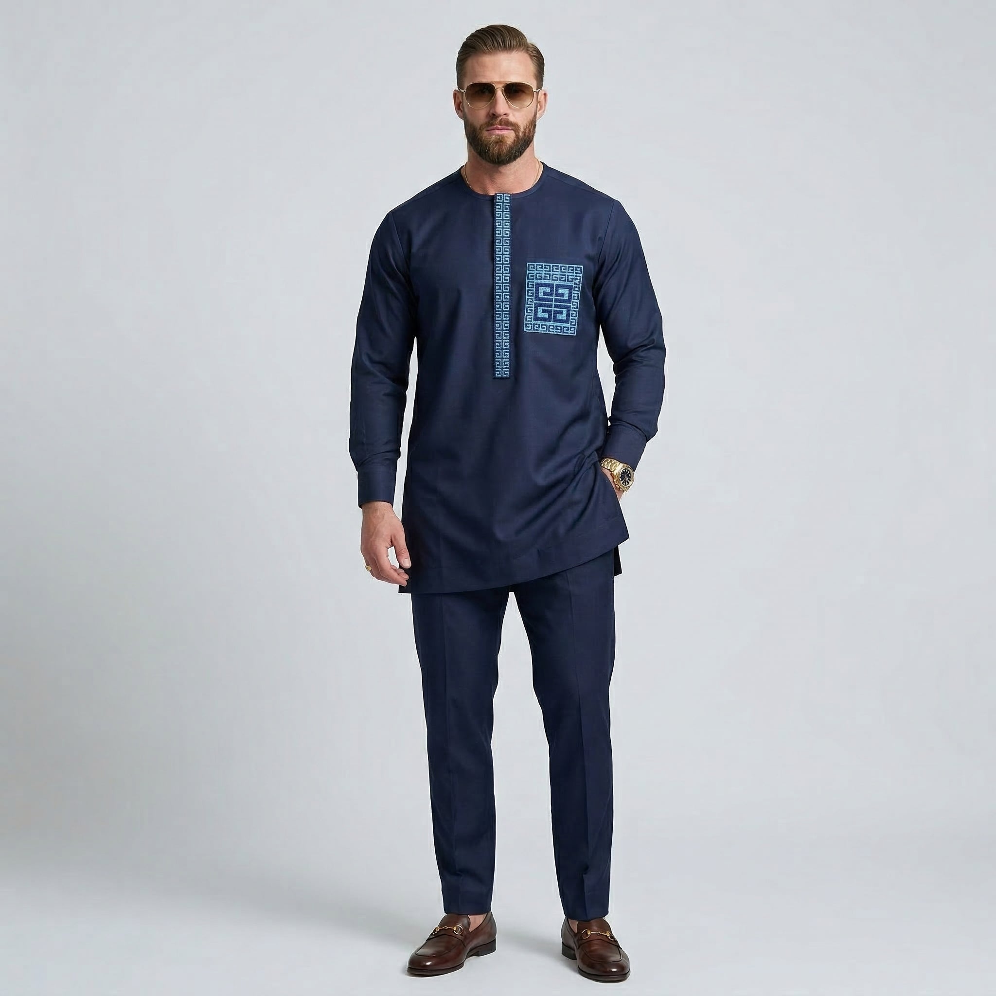 DerightFS Luxury Navy Blue Men’s Kaftan Set – African Senator Wear with Embroidery, 3/4 Sleeve Traditional Outfit with Matching Trousers