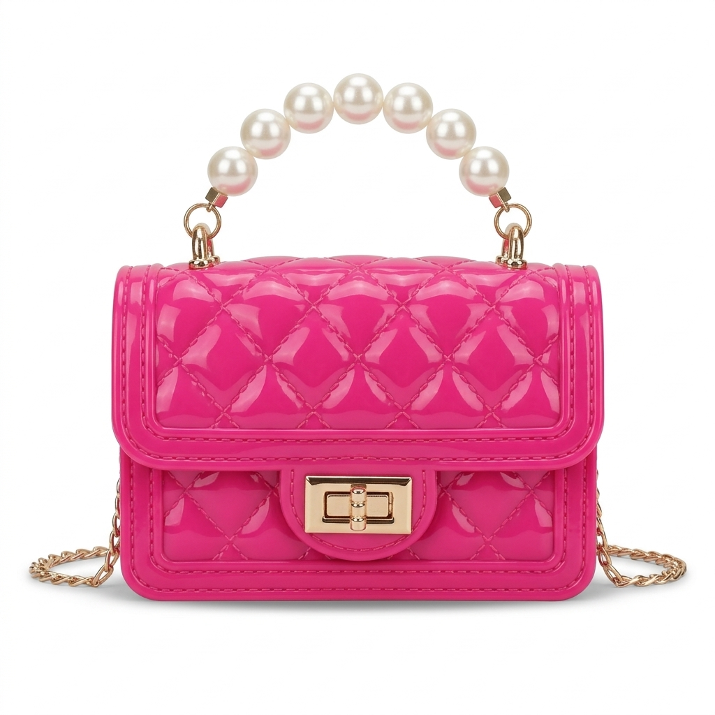 DerightFS Hot Pink Quilted Mini Handbag – Luxury Patent Leather Shoulder Bag with Pearl Handle & Gold Lock